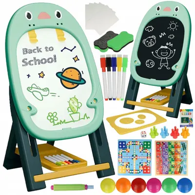 Tabla de desenat multifunctionala cu doua fete si 2 jocuri de societate incluse WePro Store, partea magnetica pentru cifre si litere si cea neagra pentru scris cu creta, compartiment special pentru creioane si markere, Verde, 3 ani + Engros