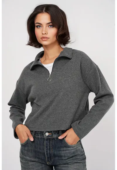 Pulover dama HiCCUP Relaxed Fit Crop - Gri carbune