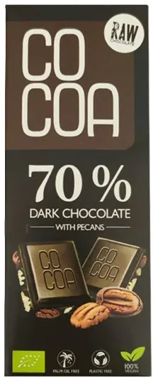 Ciocolată neagră crudă organică 70%, cu nuci pecan, 40 g, Surovital