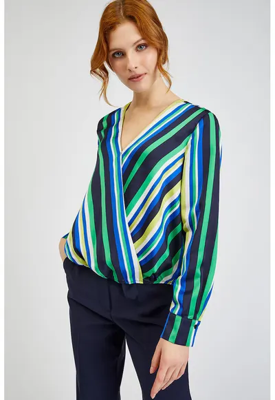 Bluza cu dungi si decolteu in V - Verde/Albastru