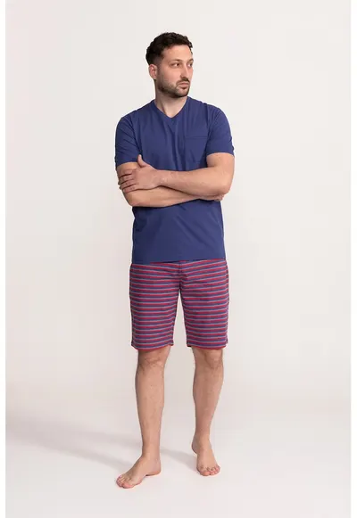 Pijama de bumbac cu pantaloni scurti Alec - Rosu/Bleumarin