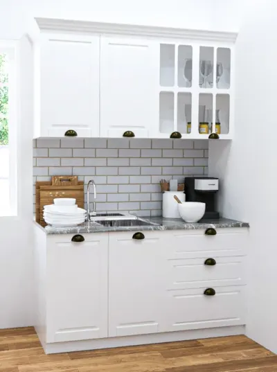Set bucatarie SQUARE 140 cm, 4 corpuri, cu sertare, blat termorezistent, fronturi MDF, alb rustic