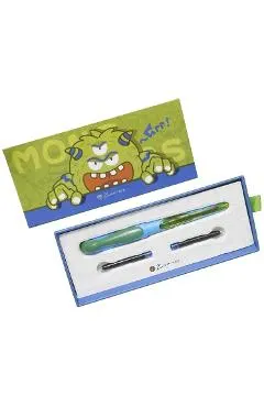Set Stilou albastru-verde Little Monster + 2 cartuse