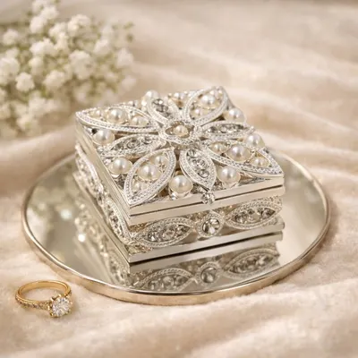 Cutie Bijuterii Pătrată 5x5 cm cu Flori, Perle și Strasuri AZAY – Casetă Bijuterii Elegantă, Cutie Inel, Cutie Cadou Femei cu Ambalaj Premium