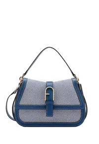 Geanta crossbody din piele si material textil cu clapa Novara Ultra - Albastru denim