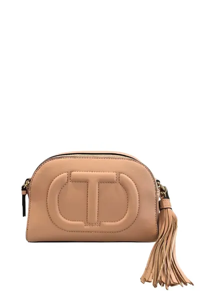 Geanta crossbody din piele ecologica cu logo in relief - Nude rose