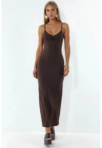 Rochie midi - neagra - fara maneci - decolteu in V - drapaj - lycra