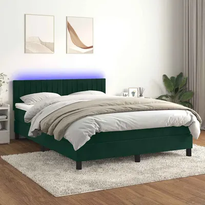 vidaXL Pat cu arcuri, saltea și LED, verde închis, 140x190 cm, catifea