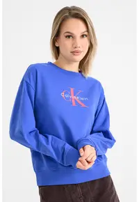 Bluza de trening cu maneci cazute si imprimeu logo - Albastru indigo/Rosu vermillion