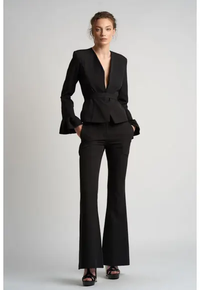 Costum elegant din doua piese cu sacou petrecut si pantaloni evazati