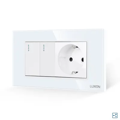 Intrerupator Dublu Cap Scara + Priza cu Rama din Sticla LUXION, Standard Italian, 4M