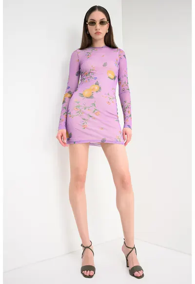 Rochie cambrata cu imprimeu cu fructe - Verde/Galben/Lila