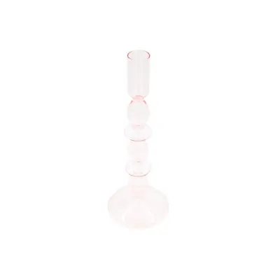Suport pentru lumânare, tip sfeșnic, din sticlă roz translucidă, cu design elegant în trepte, 24 cm, Arti Casa