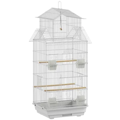 PawHut Colivie din oțel pentru păsări cu hrănițoare, bețe, leagăn și tavă detașabilă 50,5x41x104 cm Alb | Aosom Romania