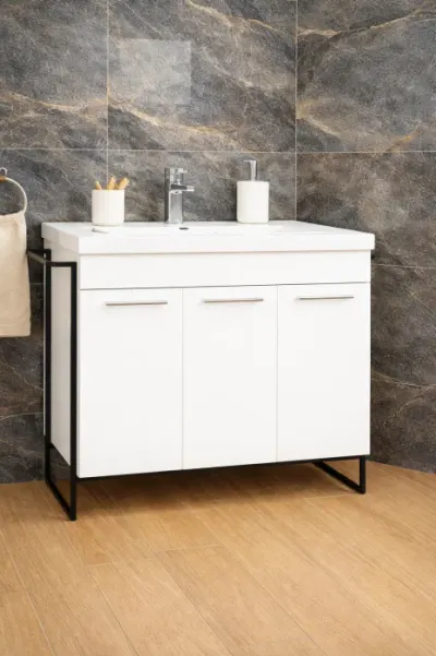 Set Baza front MDF si Lavoar seria 754, cadru metalic, montata, 100 cm, alb