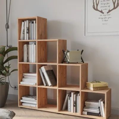 Biblioteca scara cu 10 rafturi, etajera carti 29 x 140.7 x 138.2 cm capacitate uriasa, doua laturi simetrice aerate, PAL melaminat 18 mm clasa E1 rezistent, stil scandinav modern ideal birou living sau studio
