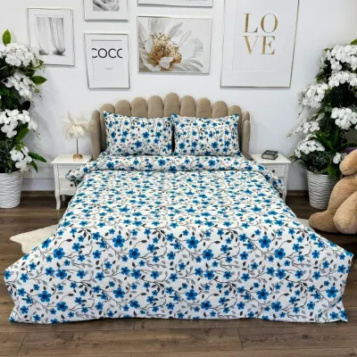 Lenjerie de Pat Dublu, Policoton Ranforsat, 4 piese, Atelier Cumparamisim, Alb, Albastru, flori