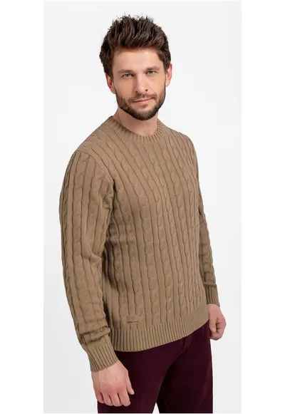 Pulover cu model torsade - decolteu rotund - barbati - S-Roby - Bej - Bej