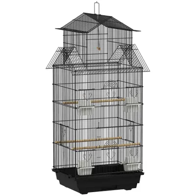 PawHut Colivie/volieră pentru păsări cu leagăn mâner portabil 4 hrănitori 3 bârne 50,5 x 41 x 104 cm oțel negru | Aosom Romania