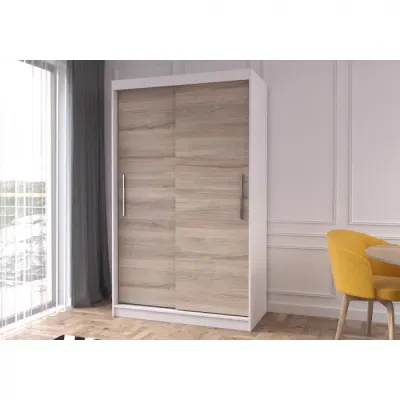 Dulap NEOMI 04, usi glisante, 6 rafturi, bara de haine, corp alb, front sonoma, 120x61x200 cm