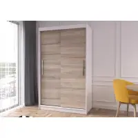 Dulap NEOMI 04, usi glisante, 6 rafturi, bara de haine, corp alb, front sonoma, 120x61x200 cm