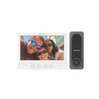 Kit videointerfon pe 4 fire Hikvision DS-KIS212, 1 familie, ecran 7 inch, IR 3 m, microfon si difuzor, plug and play, aparent
