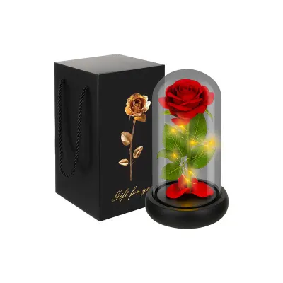 Trandafir criogenat, cupola de sticla, LED-uri cu lumina alb calda, cutie cu maner, 21 x 11 cm