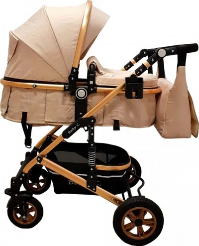 Carucior pentru copii Baby Care Pro 531 Crem 3 in 1 Transformabil, Cadru Aluminiu, Amortizoare, Roti din cauciuc, Spatar reglabil 3 trepte, Plasa insecte, Geanta