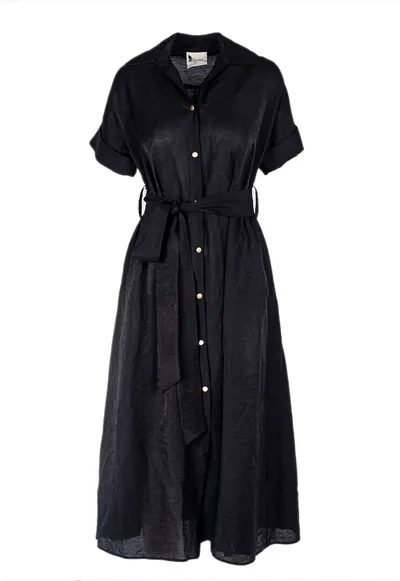 Rochie camasa midi cu buzunare si cordon - Negru