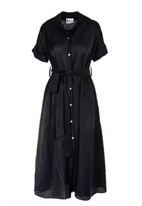 Rochie camasa midi cu buzunare si cordon - Negru