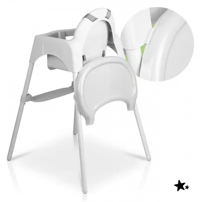 Scaun de masa pentru bebelusi Malplay Keri White,2 in 1, prevazut cu tavita dubla detasabila, centuri de siguranta, suport reglabil pentru picioare