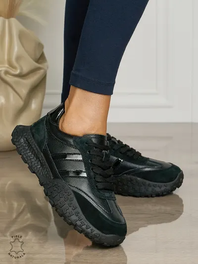Pantofii casual piele naturala cu siret si dungi laterale CRL1459 NEGRU
