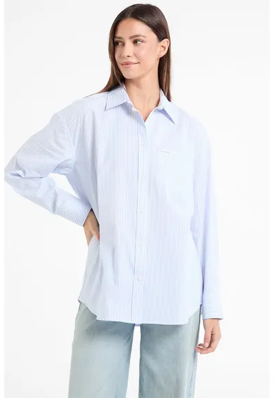 Camasa din bumbac cu model in dungi - Albastru deschis