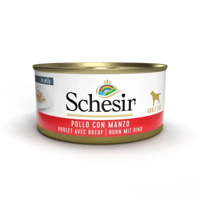 SCHESIR Complementary In Jelly, XS-XL, Pui și Vită, conservă hrană umedă câini, (în aspic), 150g