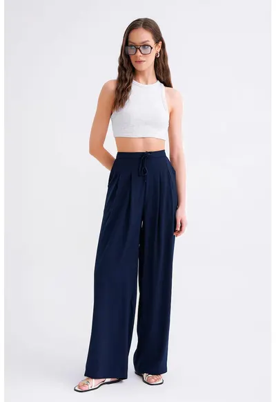 Pantaloni dama - Palazzo plisati - bleumarin - poliester-elastan