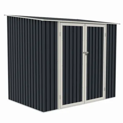 Casuta / magazie de gradina premium metalica, MESTERINO Joy-B, Gri/Bej, dimensiuni 222x149x194 cm, cu usi cu balama si baza metalica