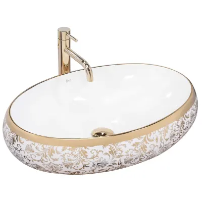 Lavoar ceramic oval Rea Melania, alb cu decor auriu, 60 x 40,5 cm