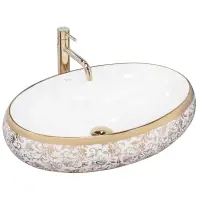 Lavoar ceramic oval Rea Melania, alb cu decor auriu, 60 x 40,5 cm