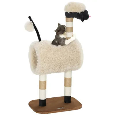 PawHut Pom de zgâriat în design de oi, cu poste de zgâriat, tunel și jucărie, 98 cm, maro deschis | Aosom Romania
