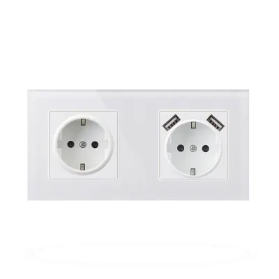 Priza Techstar® Crystal TSU2, Dubla, 2 x USB, 2.1 A, Culoare Alb Frost, Sticla Securizata, 16A