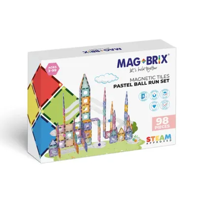 Set magnetic Magblox - 98 piese, circuit cu bile PASTEL - Magbrix Marble Run