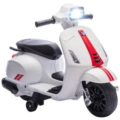 AIYAPLAY Motocicletă Electrică pentru Copii cu Licență Vespa, Baterie Reîncărcabilă 6V, Roți Ajutătoare și Lumini, 2-4 Ani, Albă | Aosom Romania
