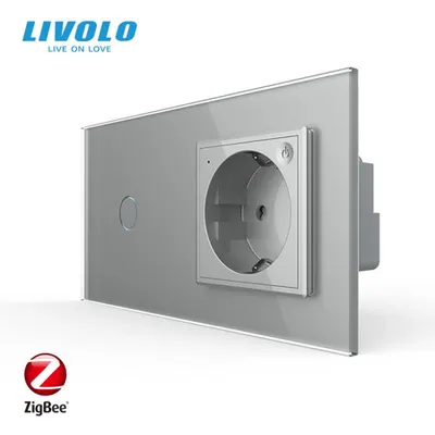 Intrerupator simplu cu touch Zigbee + priza Schuko Zigbee, generatia noua, cu rama sticla Gri