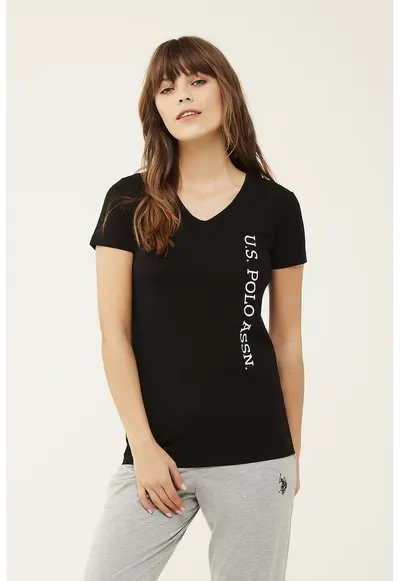 Tricou de casa cu decolteu in V si imprimeu logo - Negru