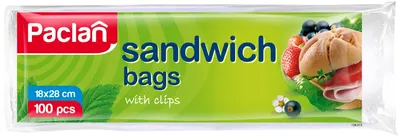 Pungi pentru sandvișuri Paclan - Cu clips, 18 x 28 cm, 100 bucăți