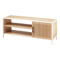 Comodă cu cadru metalic și rafturi MDF, design natural cu ușă din lemn, 116x33x45 cm, alb
