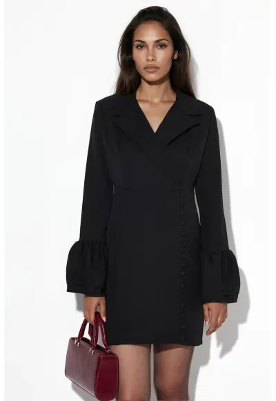 Rochie Mini Cambrata MSN - Negru - Maneci Lungi - Decolteu in V - Crep Tesut