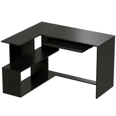 HOMCOM Birou de Colț, 120 x 100 x 76 cm, Birou pentru Calculator în L cu Suport pentru Tastatură, 4 Compartimente Deschise, Negru | Aosom Romania
