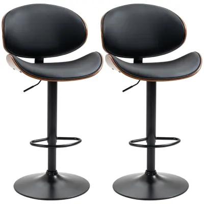 HOMCOM Set de 2 Scaune de Bar cu Spătar Reglabil pe Înălțime, Lemn și Piele Ecologică, 53x52x92-112 cm, Negru | Aosom Romania