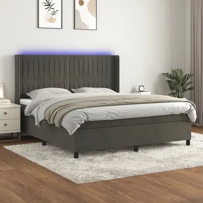 Gossi pat cu arcuri, saltea si led, gri inchis, 160x200 cm, catifea